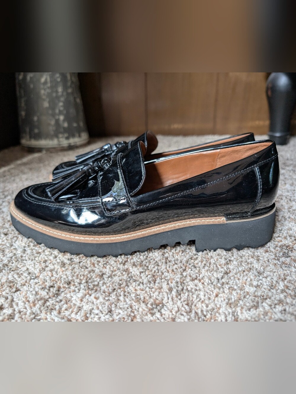 Franco Sarto Carolynn Black  Patent Leather Tassel Loafers with Lug Sole